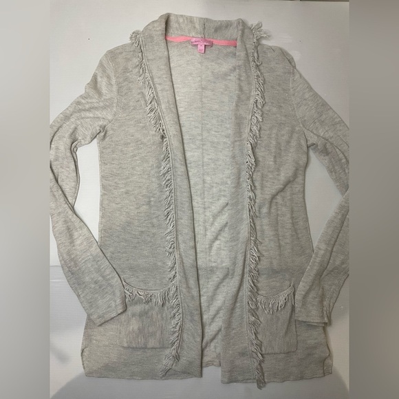 Lilly Pulitzer Bridget Fringe Cardigan Gray Wool Cashmere Blend Sz M Open Front - Picture 1 of 7